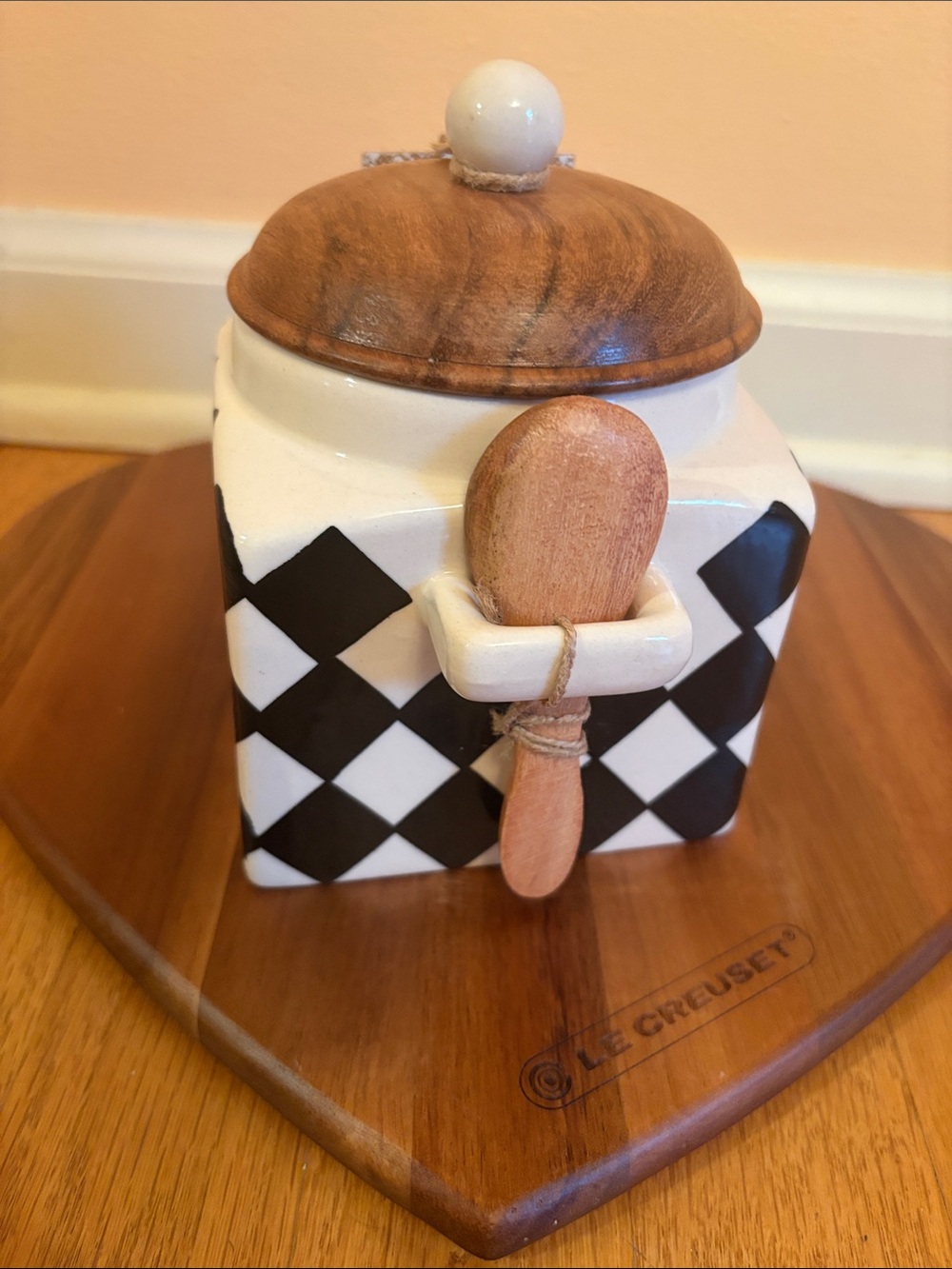 Handcrafted in India Black & White Check Ceramic Jar with Wood Lid and Spoon